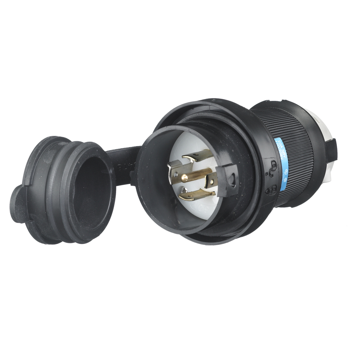HBL2511SW HBL 3-Phase Grounding Watertight Cord Mount Locking Plug, 120/208 V AC, 20 A, 4 Poles, 5 Wires, Black/White