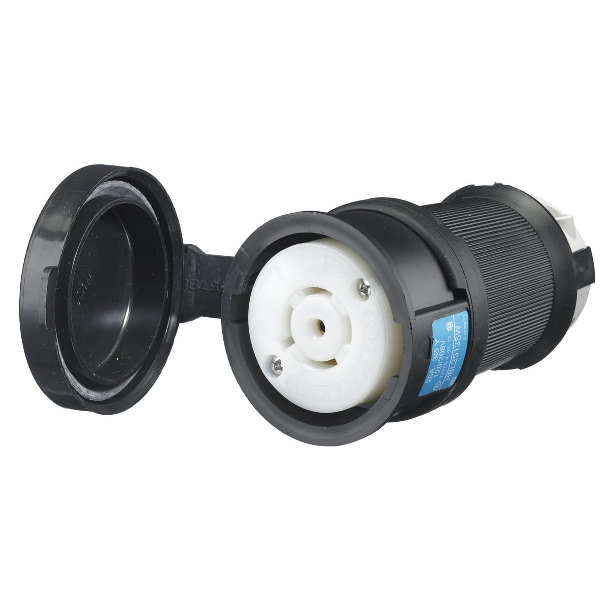 HBL2513SW 3-Phase Isolated Grounding Heavy Duty Shrouded Standard Sized Watertight Cord Mount Female Connector, 120Y/208 V AC, 20 A, 4 Poles, 5 Wires, Black/White