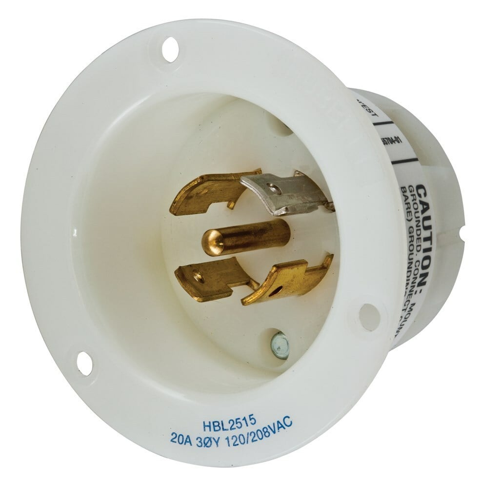 HBL2515 3-Phase Standard Screw Mount Flanged Inlet, 120/208 V AC, 20 A, 4 Poles, 5 Wires, White