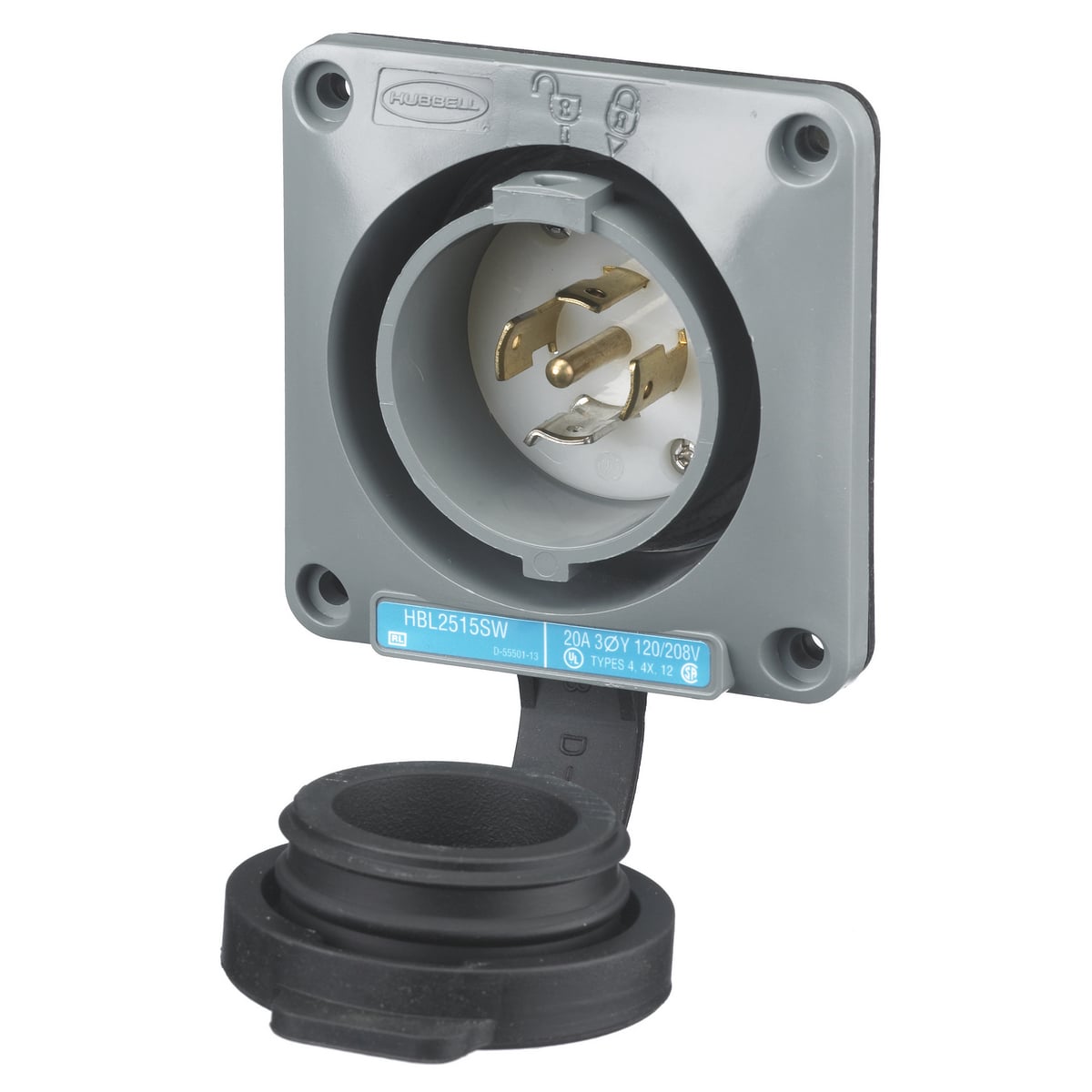 HBL2515SW 3-Phase Grounding Standard Single Shrouded Watertight Screw Mount Locking Flanged Inlet, 120/208 V AC, 20 A, 4 Poles, 5 Wires, Gray/White
