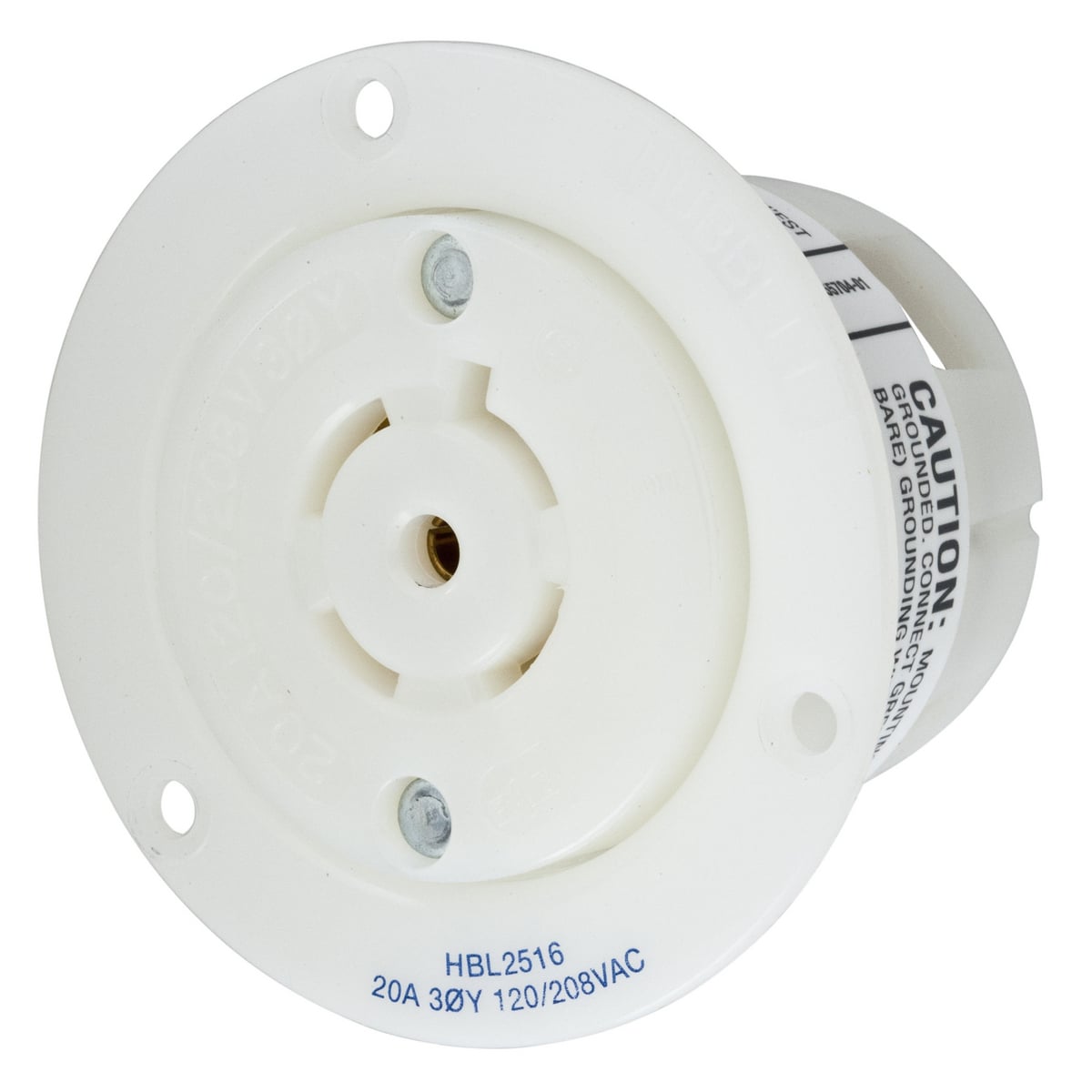 HBL2516 3-Phase Flanged Grounding Single Standard Screw Mount Locking Receptacle, 120/208 V AC, 20 A, 4 Poles, 5 Wires, White
