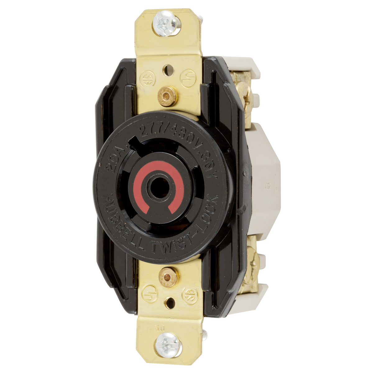 HBL2520 HBL 3-Phase Heavy Duty Single Screw Mount Locking Receptacle, 277/480 V AC, 20 A, 4 Poles, 5 Wires, Black