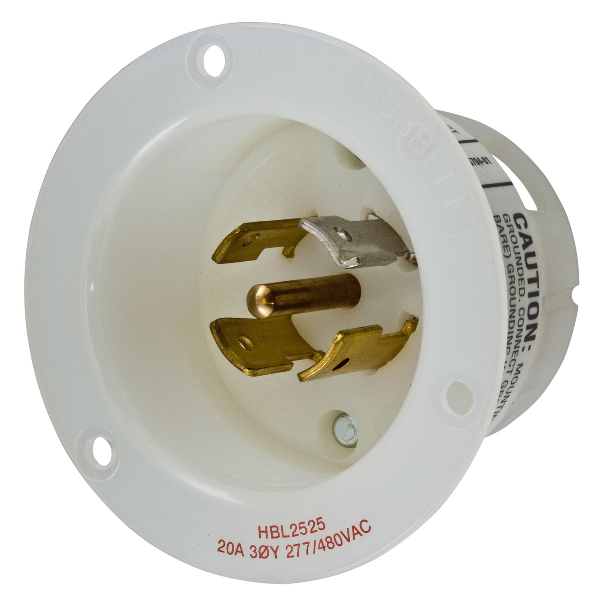HBL2525 3-Phase Standard Screw Mount Flanged Inlet, 277/480 V AC, 20 A, 4 Poles, 5 Wires, White
