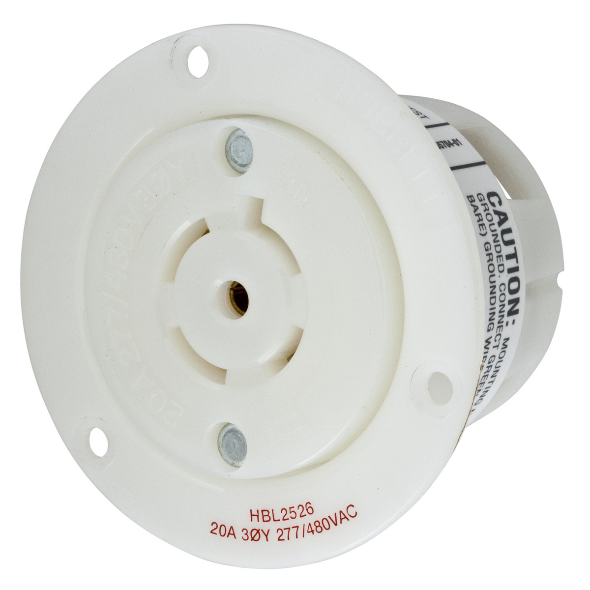 HBL2526 3-Phase Flanged Grounding Single Standard Screw Mount Locking Receptacle, 277/480 V AC, 20 A, 4 Poles, 5 Wires, White