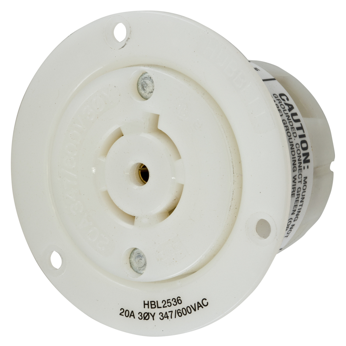 HBL2536 3-Phase Flanged Grounding Single Standard Screw Mount Locking Receptacle, 347/600 V AC, 20 A, 4 Poles, 5 Wires, White