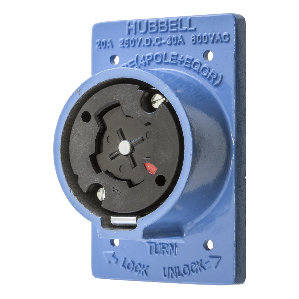HBL25403 Multi-Phase Heavy Duty Grounding Standard Single Screw Mount Locking Receptacle, 600 V AC/250 V DC, 20/30 A, 4 Poles, 5 Wires, Blue