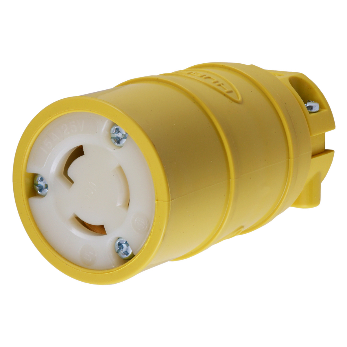 HBL2547 Dust-Tight Heavy Duty Isolated Grounding Standard Sized Cord Mount Female Connector, 125 V AC, 15 A, 2 Poles, 2 Wires, Yellow