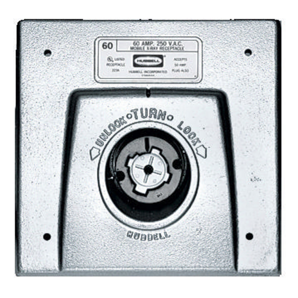 HBL25503 Grounding Standard Single Screw Mount Locking Receptacle, 250 V AC, 50 A, 2 Poles, 3 Wires, Black/Gray
