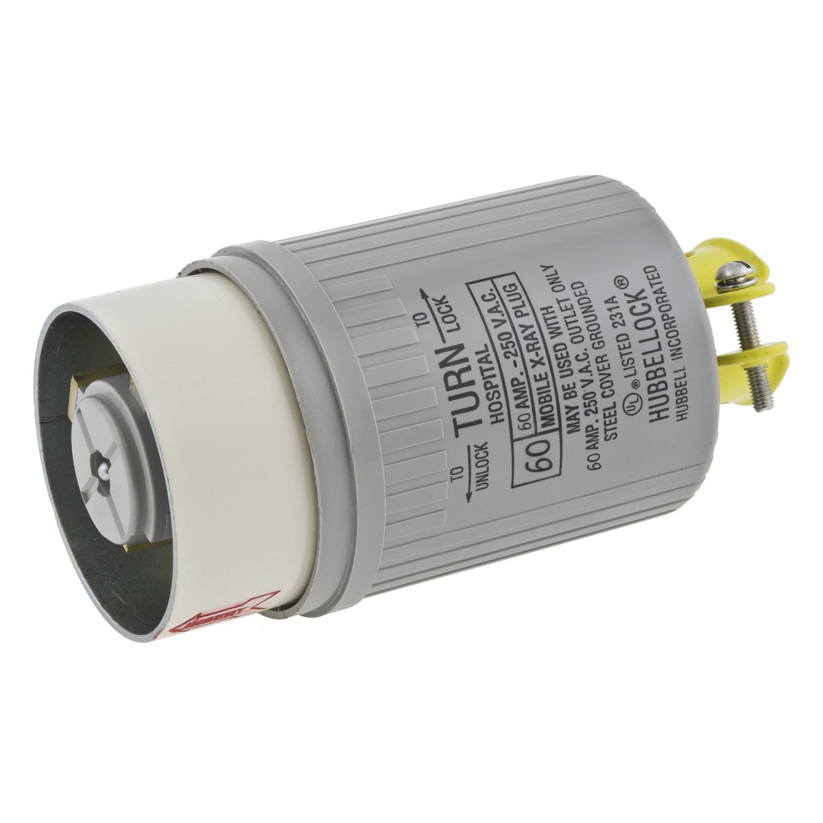 HBL25625 Grounding Portable Standard Sized Shrouded Cord Mount Locking Male Plug, 250 V AC, 60 A, 2 Poles, 3 Wires, Gray