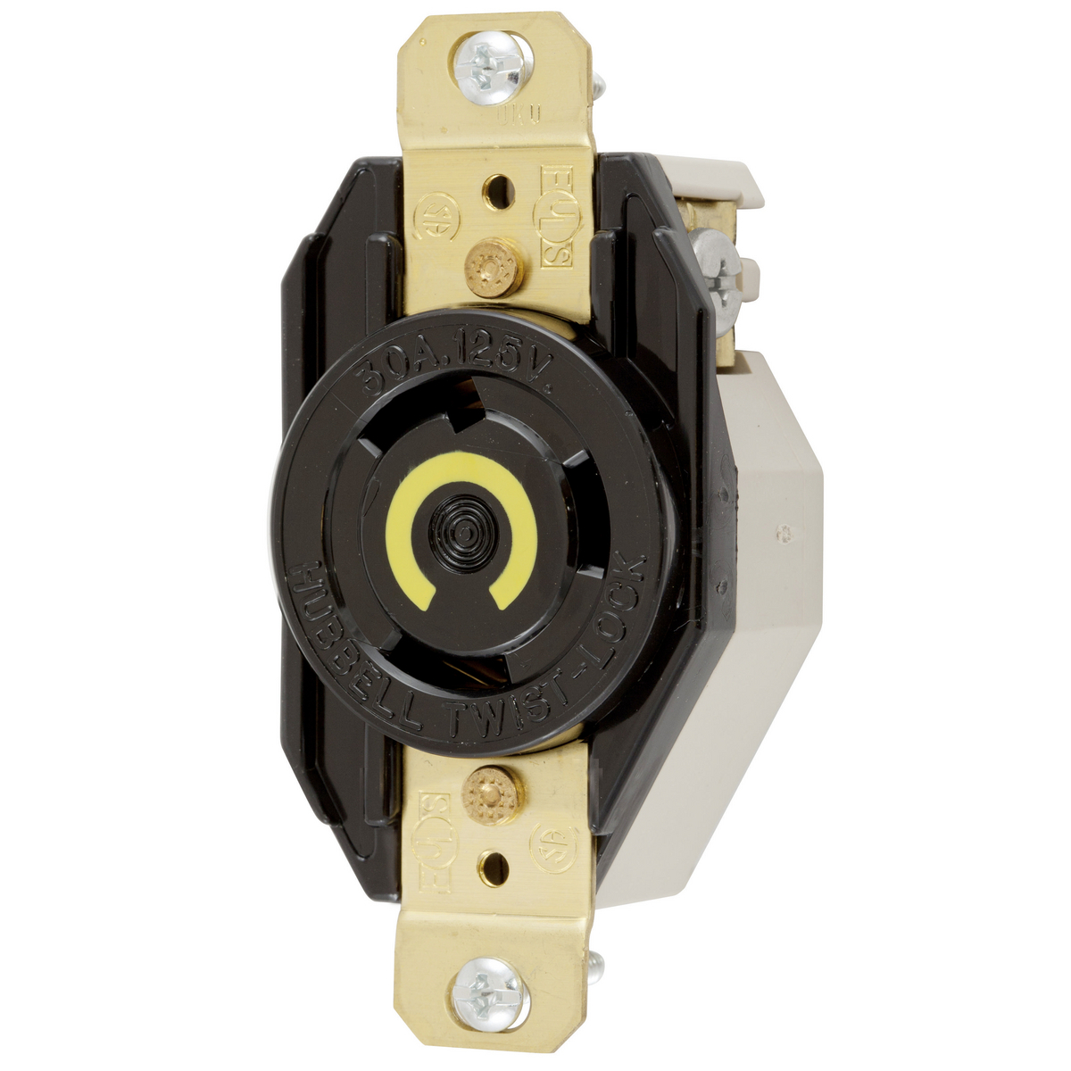 HBL2610 1-Phase Flush Mount Grounding Heavy Duty Single Screw Mount Locking Receptacle, 125 V AC, 30 A, 2 Poles, 3 Wires, Black