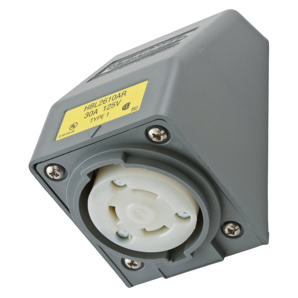 HBL2610AR 1-Phase 1-Gang Angled Grounding Heavy Duty Standard Single Screw Mount Locking Receptacle, 125 V AC, 30 A, 2 Poles, 3 Wires, Gray/White