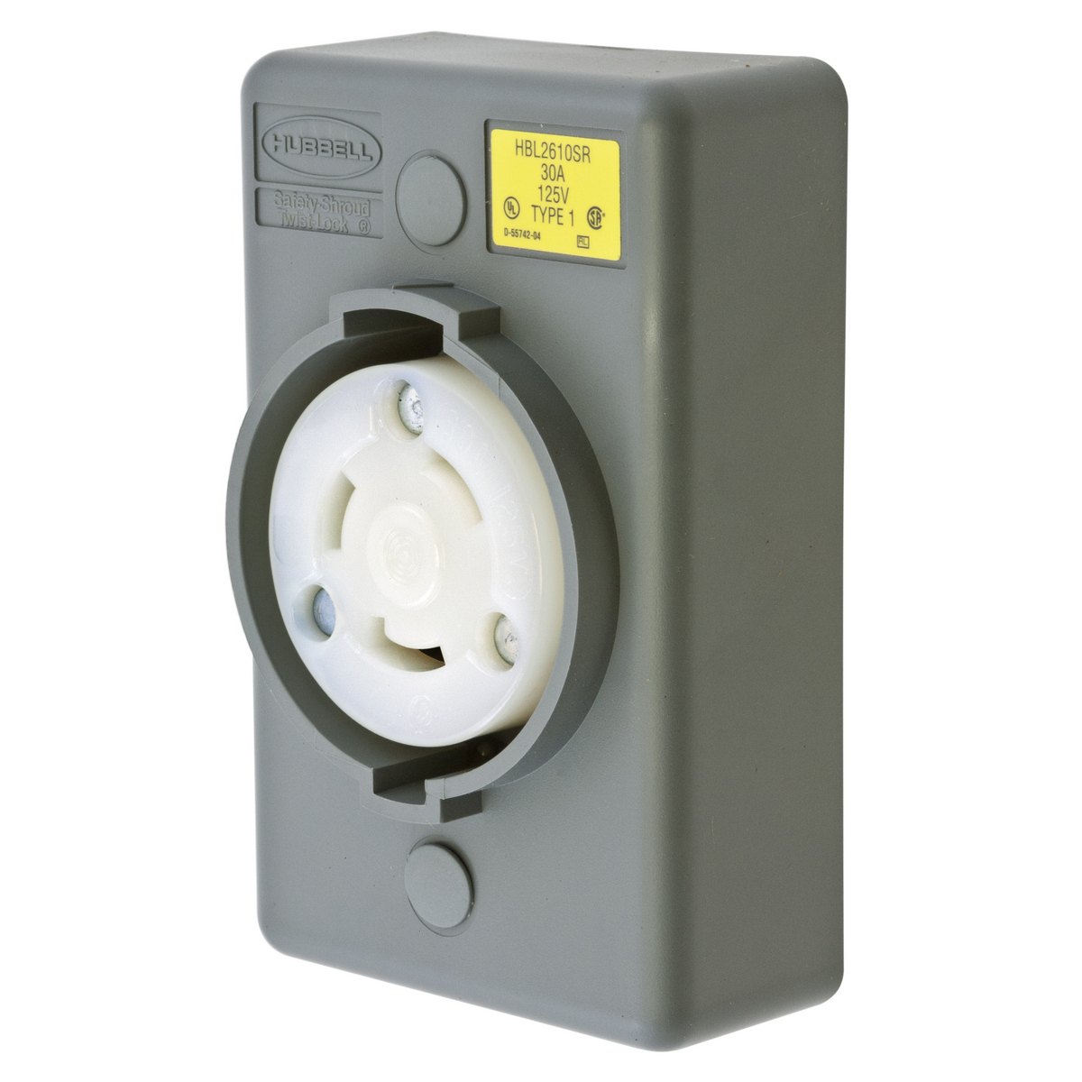 HBL2610SR 1-Phase 1-Gang Heavy Duty Grounding Standard Single Surface Mount Locking Receptacle, 125 V AC, 30 A, 2 Poles, 3 Wires, Gray/White