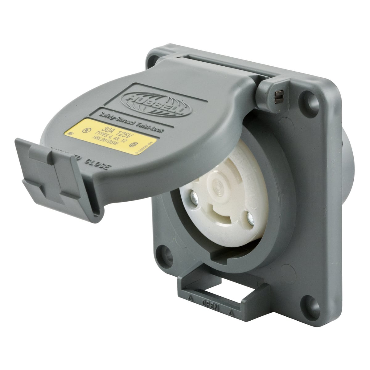 HBL2610SW 1-Phase Heavy Duty Flanged Grounding Standard Single Watertight Screw Mount Locking Receptacle, 125 V AC, 30 A, 2 Poles, 3 Wires, Gray/White