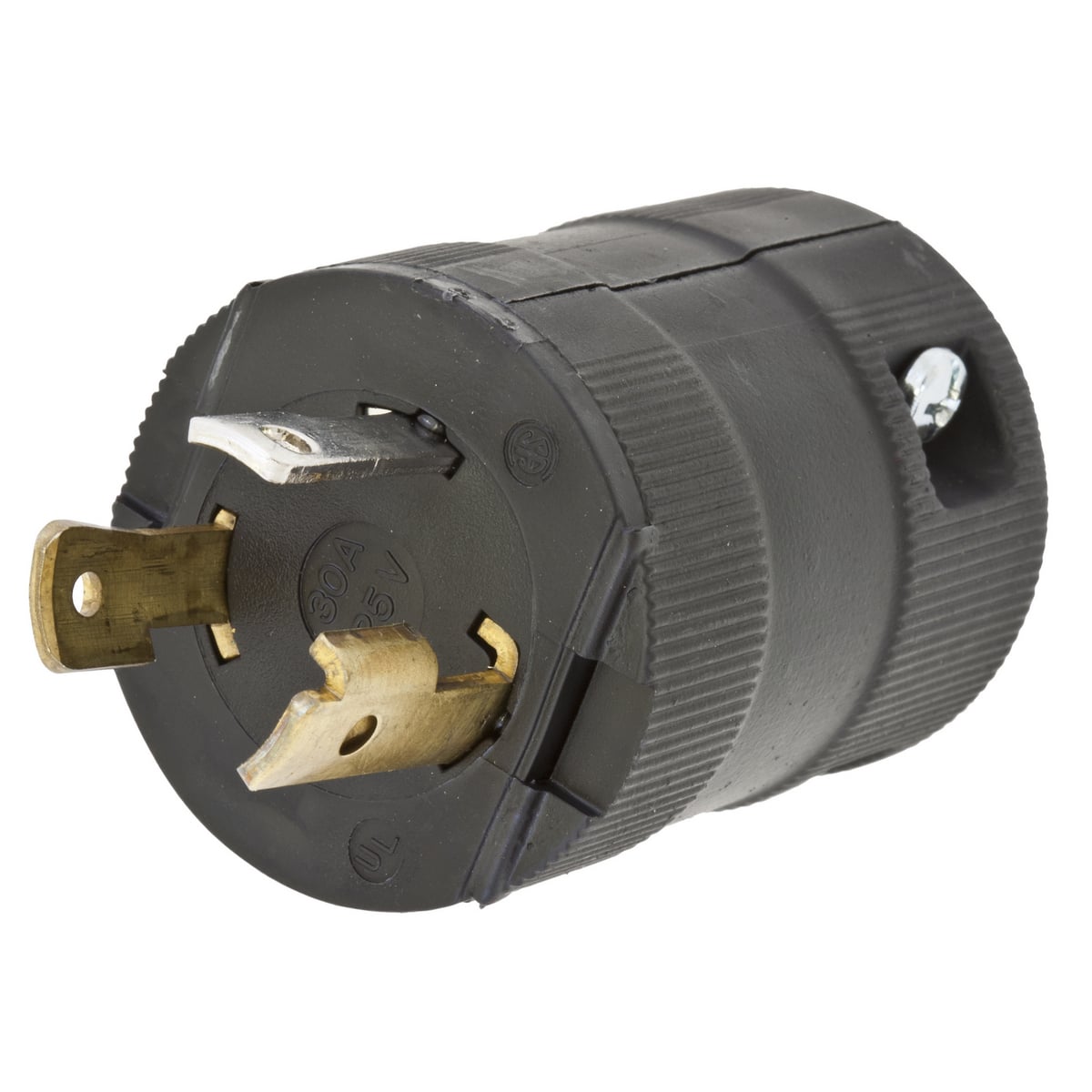 HBL2611VBK 1-Phase Grounding Male Standard Cord Mount Locking Plug, 125 V AC, 30 A, 2 Poles, 3 Wires, Black