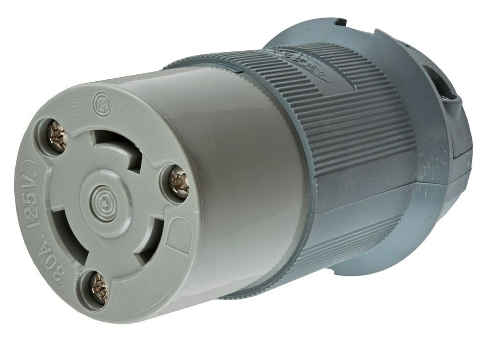 HBL2613F Heavy Duty Isolated Grounding Standard Sized Cord Mount Female Connector, 125 V AC, 30 A, 2 Poles, 3 Wires, Gray
