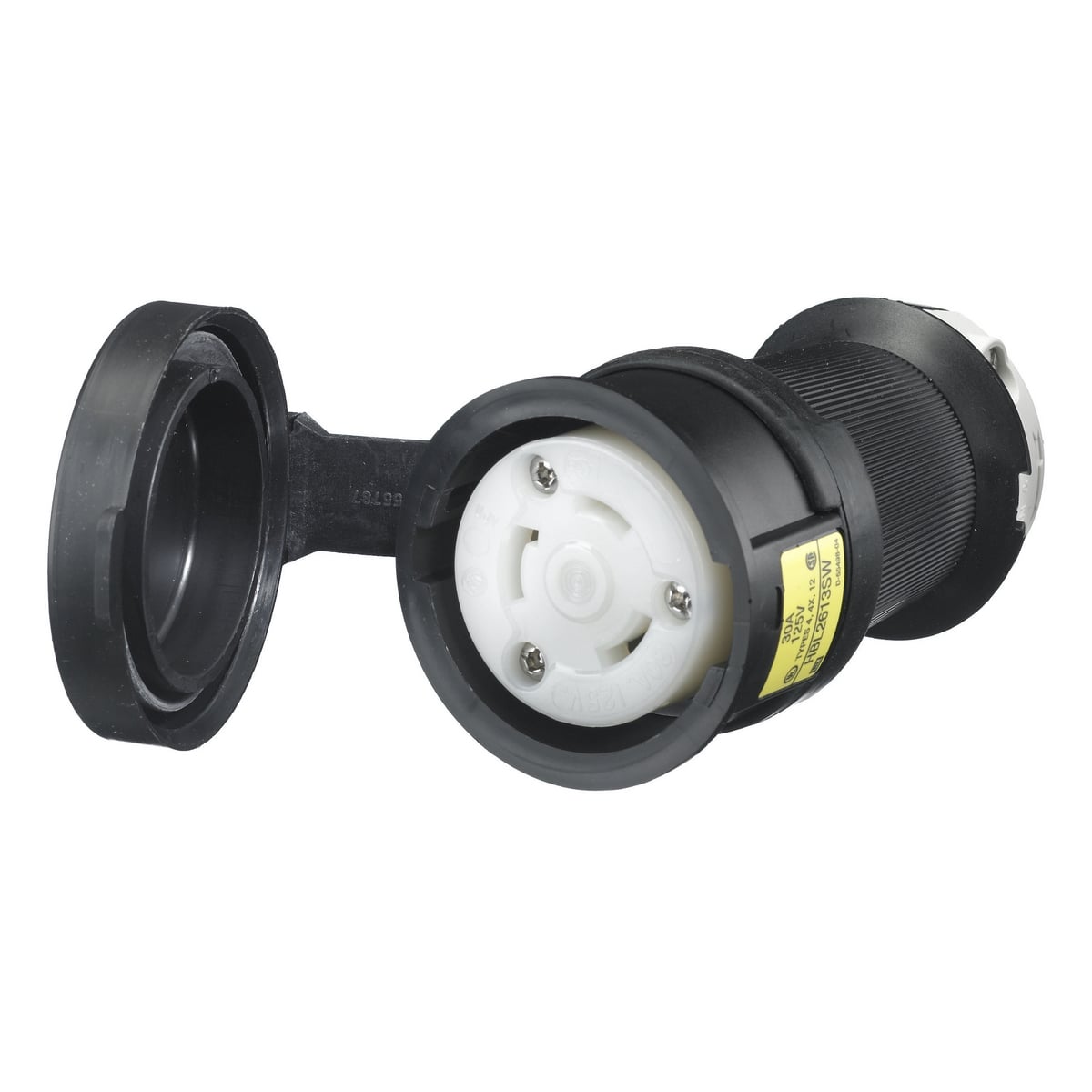 HBL2613SW HBL Heavy Duty Grounding Cord Mount Watertight Locking Connector, 125 V AC, 30 A, 2 Poles, 3 Wires, Black/White