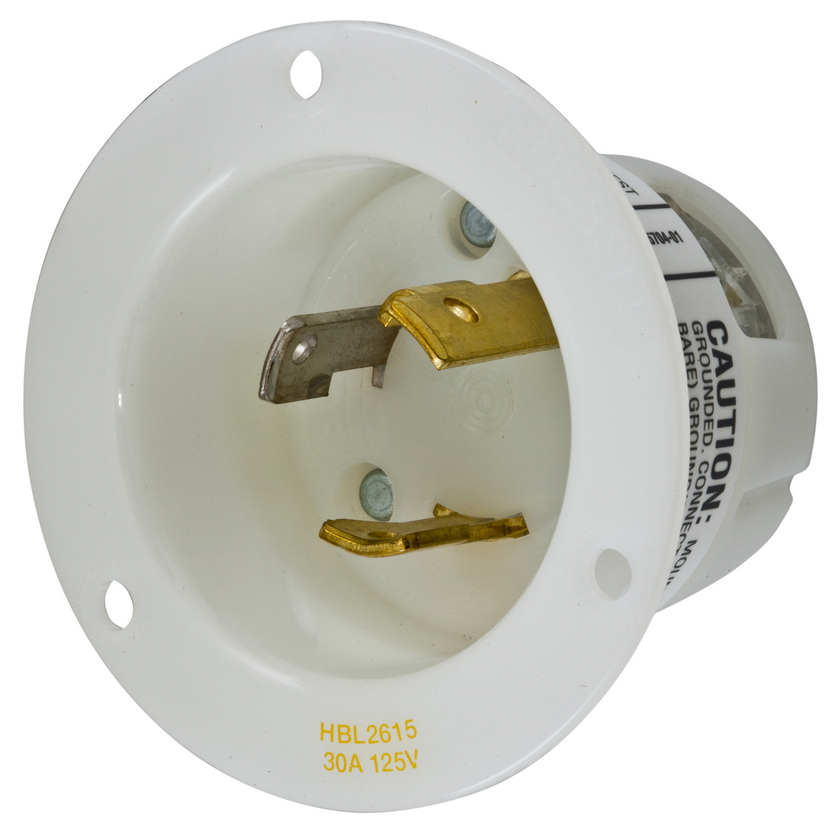 HBL2615 HBL 1-Phase Extra Heavy Duty Grounding Screw Mount Locking Flanged Inlet, 125 V AC, 30 A, 2 Poles, 3 Wires, White