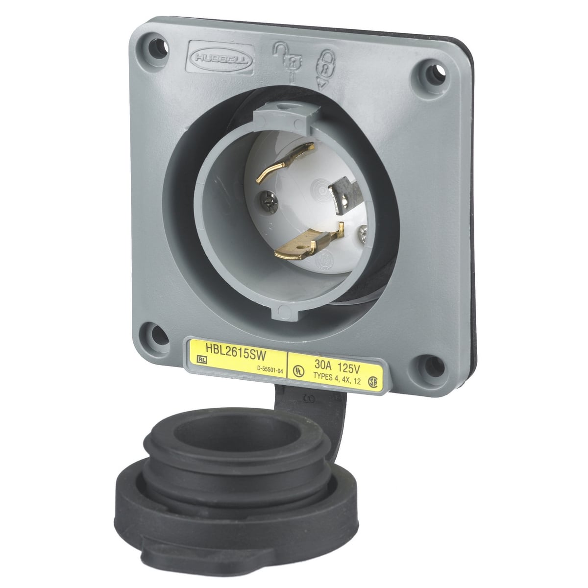 HBL2615SW 1-Phase Grounding Standard Single Shrouded Watertight Screw Mount Locking Flanged Inlet, 125 V AC, 30 A, 2 Poles, 3 Wires, Gray