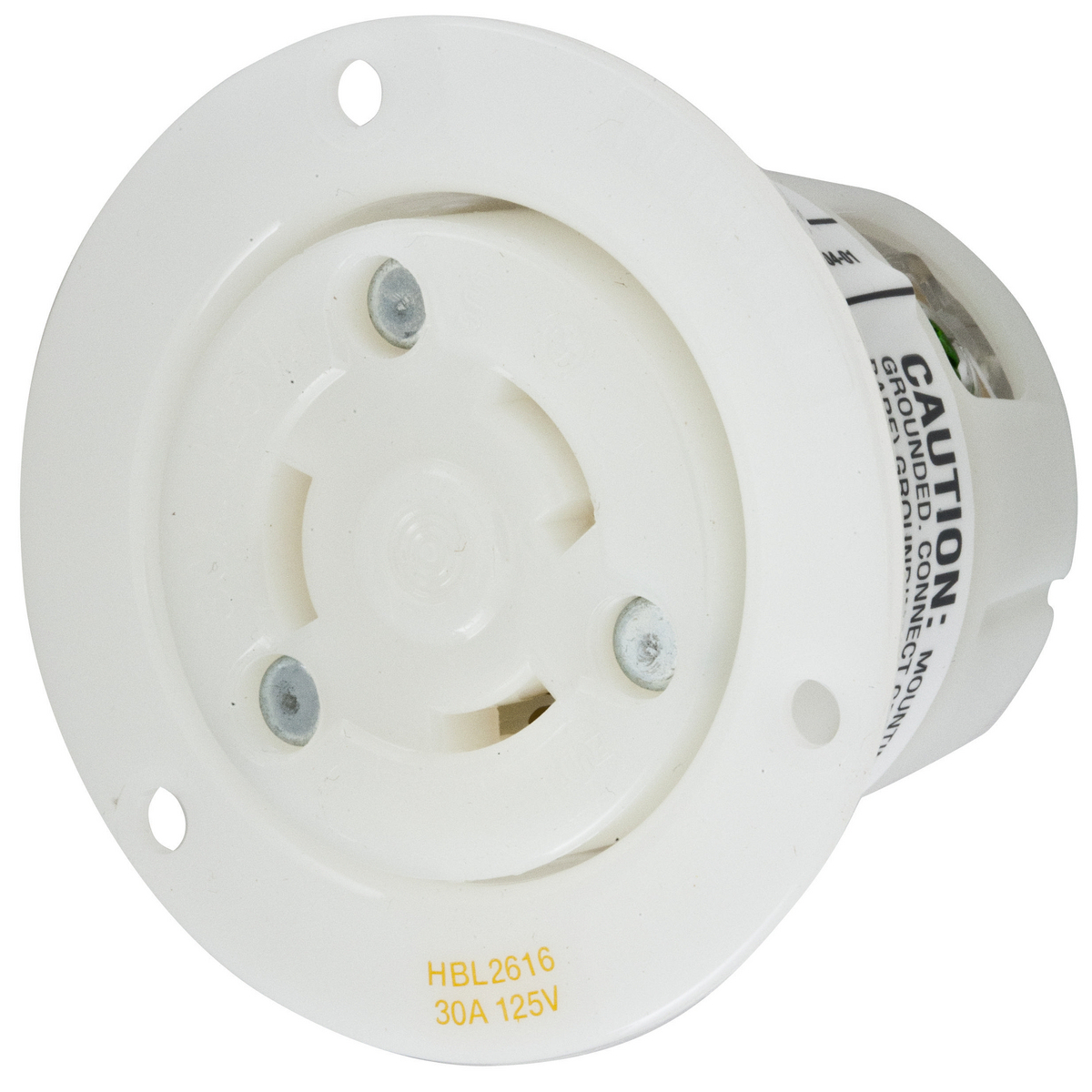 HBL2616 HBL 1-Phase Flanged Grounding Single Standard Screw Mount Locking Receptacle, 125 V AC, 30 A, 2 Poles, 3 Wires, White