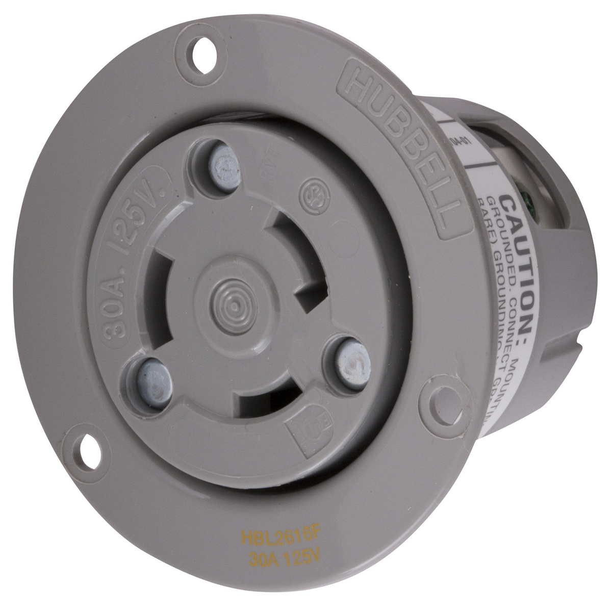 HBL2616F 1-Phase Grounding Single Standard Sized Screw Mount Flanged Locking Receptacle, 125 V AC, 30 A, 2 Poles, 3 Wires, Gray