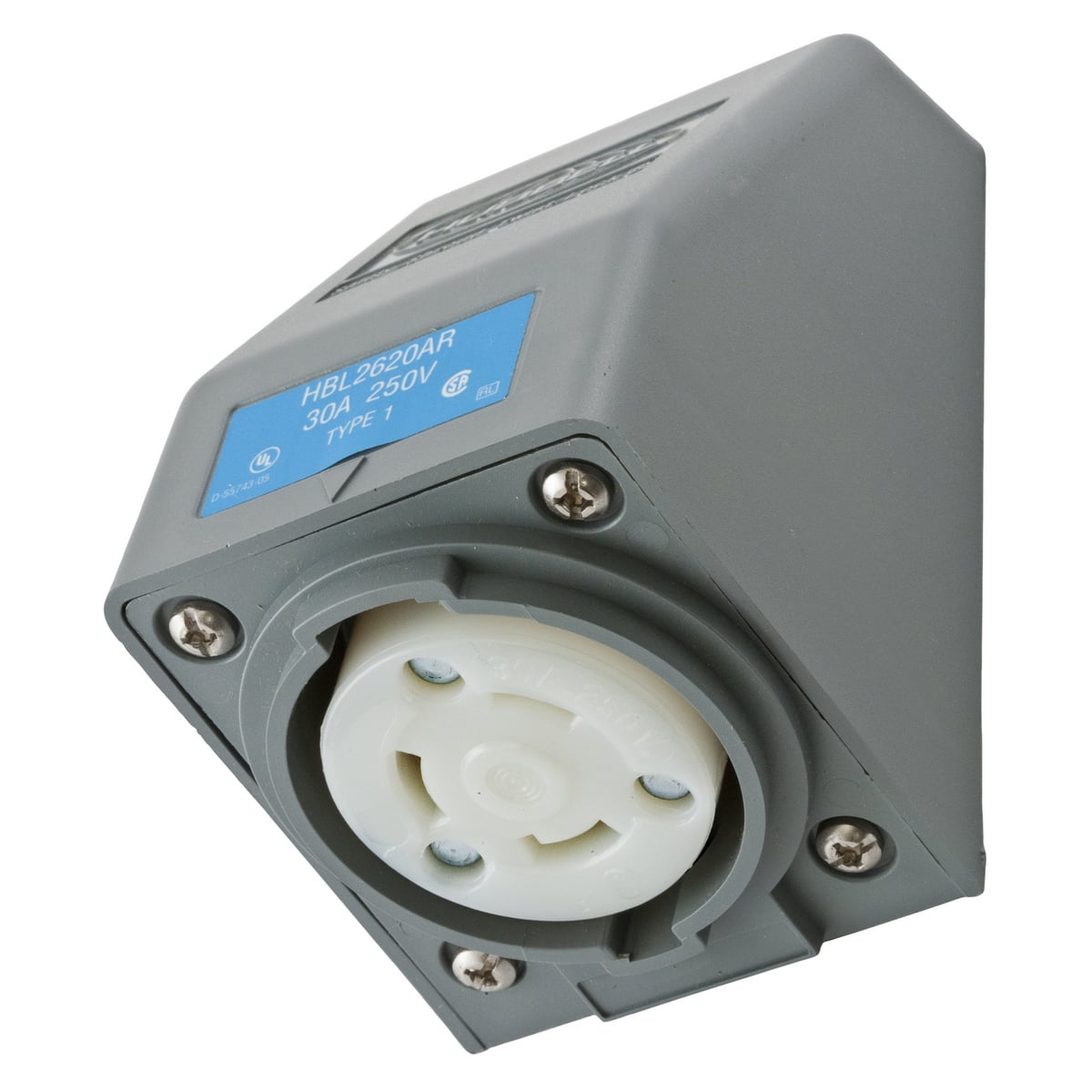 HBL2620AR 1-Phase 1-Gang Angled Grounding Heavy Duty Standard Single Screw Mount Locking Receptacle, 250 V AC, 30 A, 2 Poles, 3 Wires, Gray/White