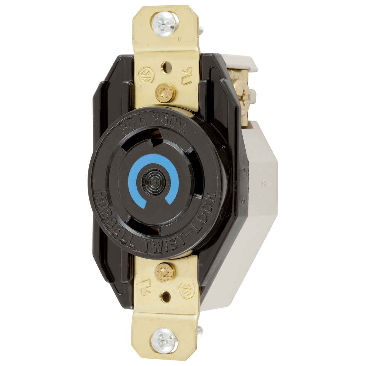 HBL2620RT 1-Phase Flush Grounding Heavy Duty Standard Sized Screw Mount Single Locking Receptacle, 250 V AC, 30 A, 2 Poles, 3 Wires, Black
