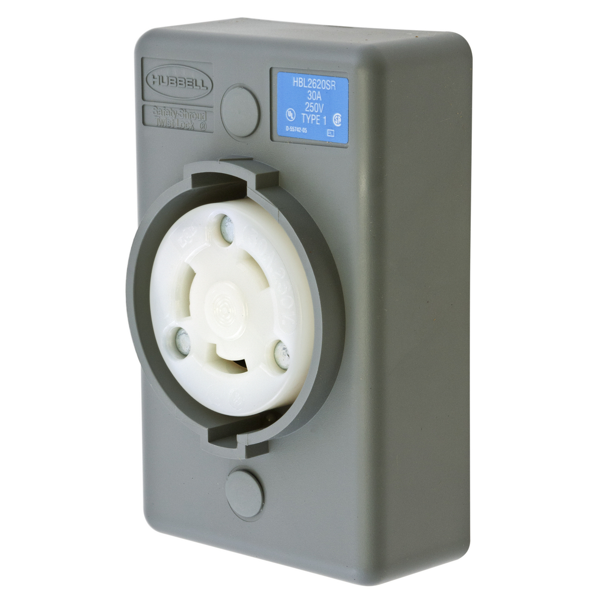 HBL2620SR 1-Phase 1-Gang Heavy Duty Grounding Standard Single Surface Mount Locking Receptacle, 250 V AC, 30 A, 2 Poles, 3 Wires, Gray/White