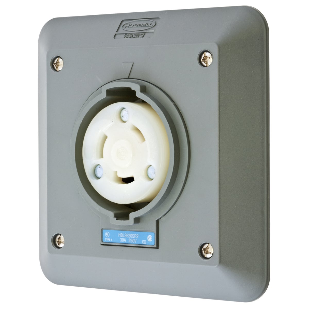 HBL2620SR2 1-Phase 2-Gang Heavy Duty Grounding Standard Single Semi-Flush Surface Mount Locking Receptacle, 250 V AC, 30 A, 2 Poles, 3 Wires, Gray/White