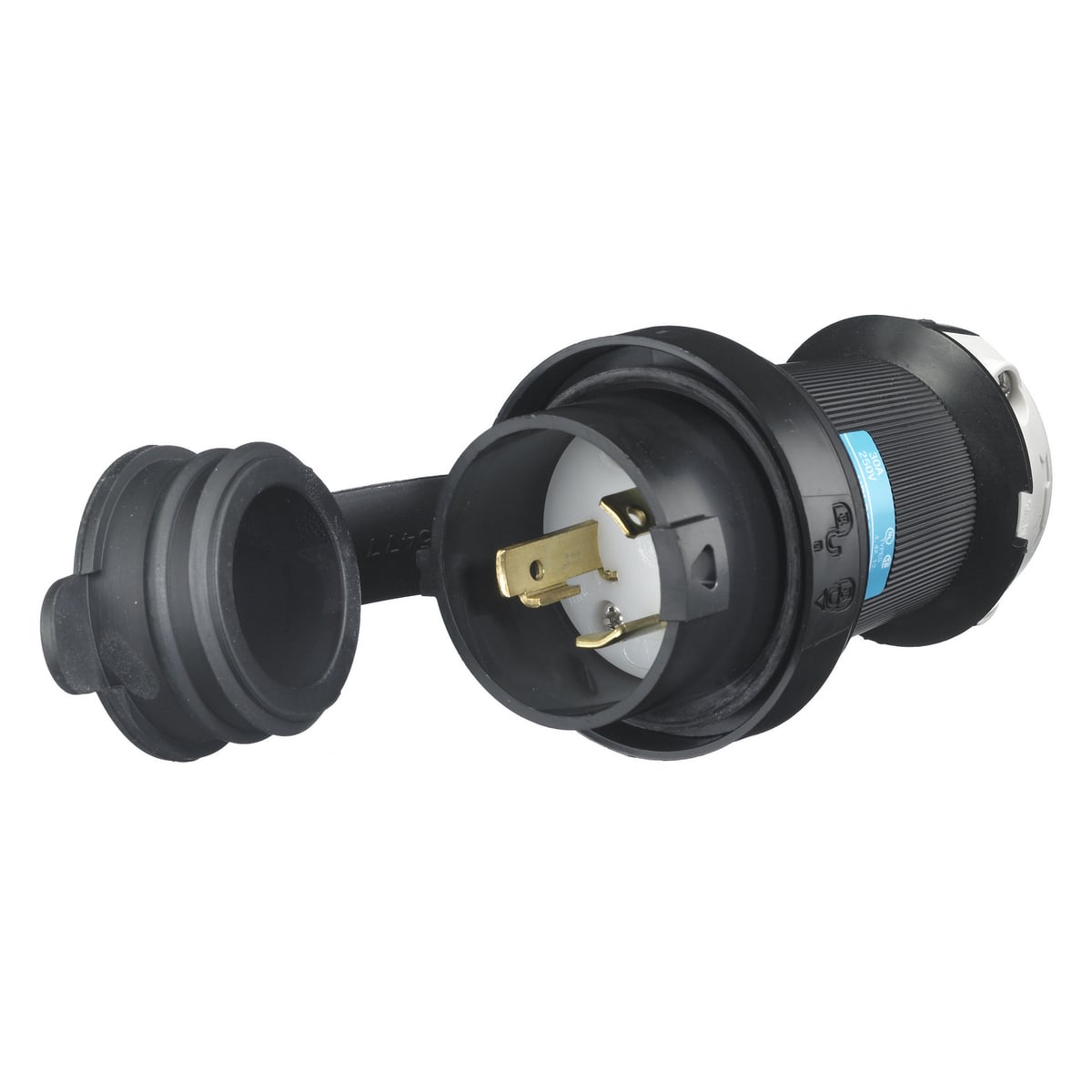 HBL2621SW 1-Phase Grounding Watertight Cord Mount Locking Plug, 250 V AC, 30 A, 2 Poles, 3 Wires, Black/White