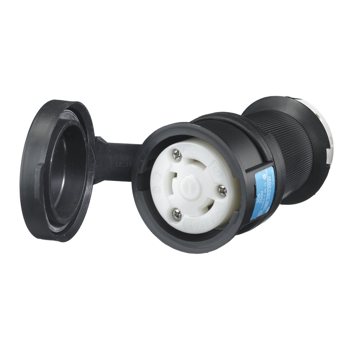 HBL2623SW Heavy Duty Isolated Grounding Shrouded Standard Sized Watertight Cord Mount Female Connector, 250 V AC, 30 A, 2 Poles, 3 Wires, Black/White