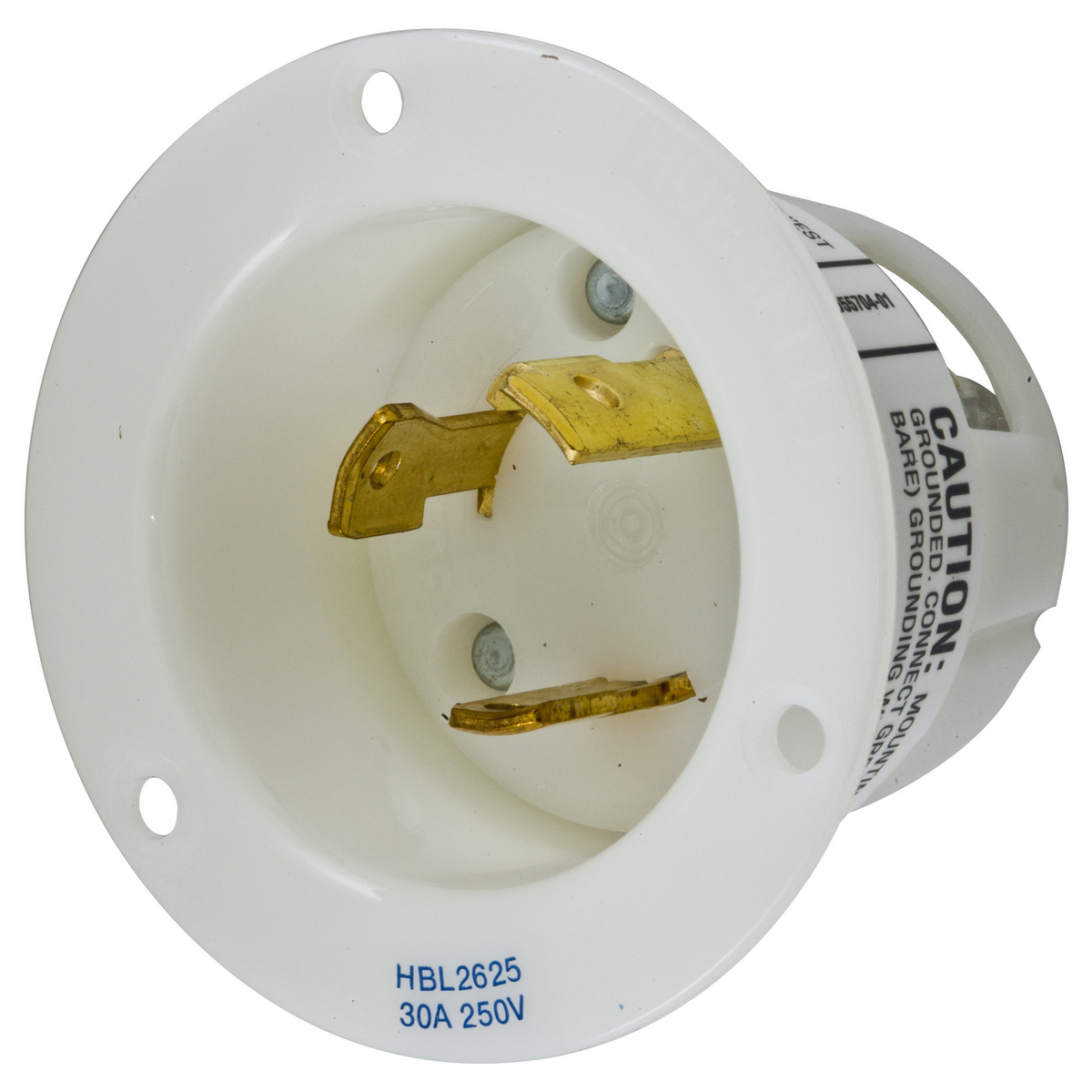 HBL2625 1-Phase Extra Heavy Duty Grounding Screw Mount Locking Flanged Inlet With Mounting Screw, 250 V AC, 30 A, 2 Poles, 3 Wires, White