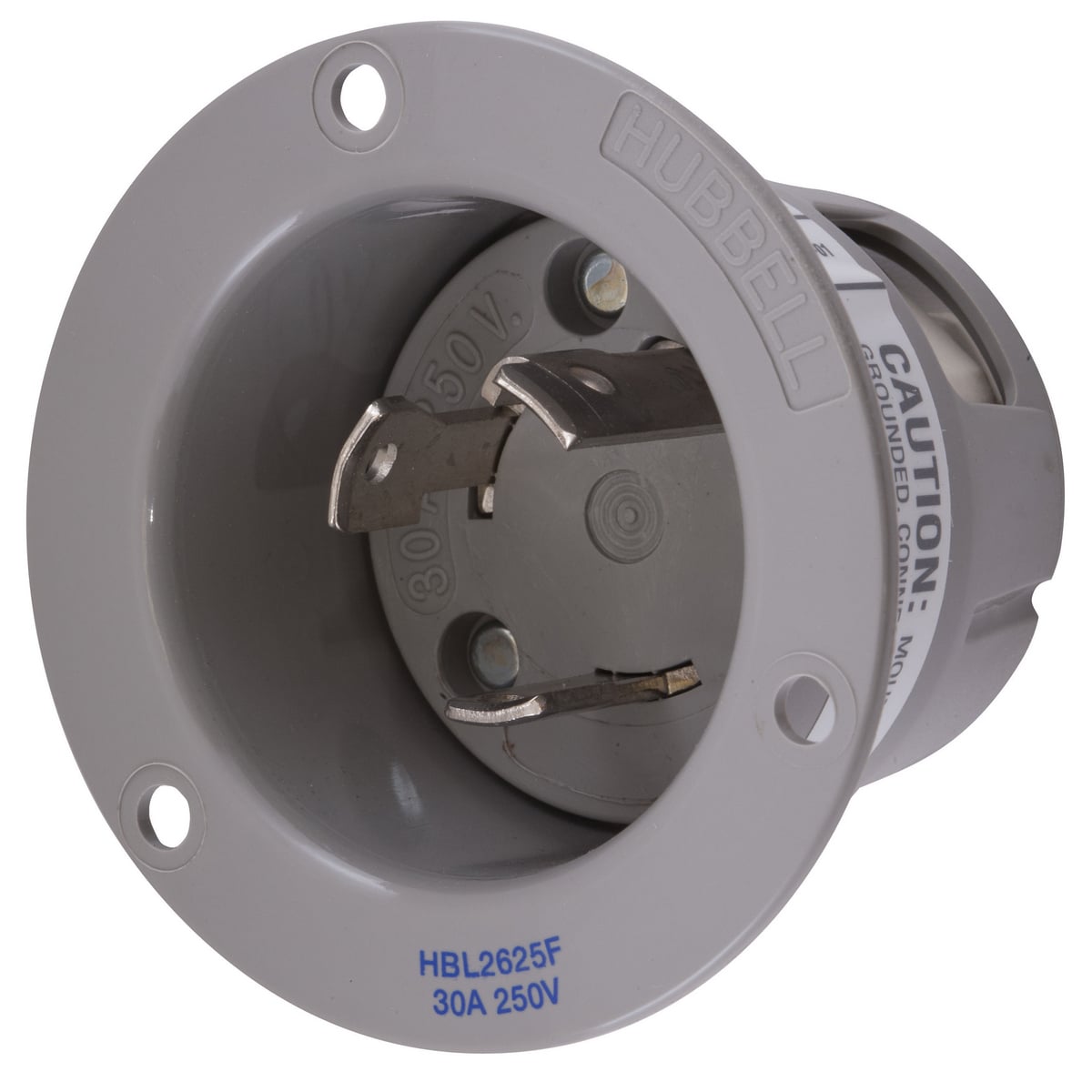 HBL2625F 1-Phase Extra Heavy Duty Grounding Screw Mount Flanged Inlet, 250 V AC, 30 A, 2 Poles, 3 Wires, Gray