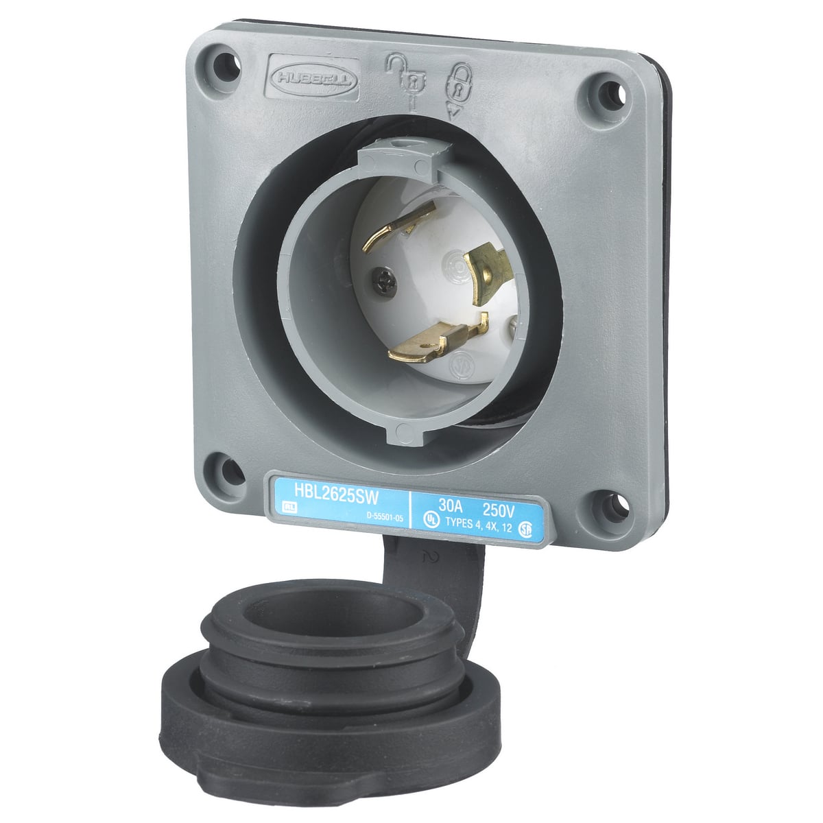 HBL2625SW 1-Phase Grounding Standard Single Shrouded Watertight Screw Mount Locking Flanged Inlet, 250 V AC, 30 A, 2 Poles, 3 Wires, Gray
