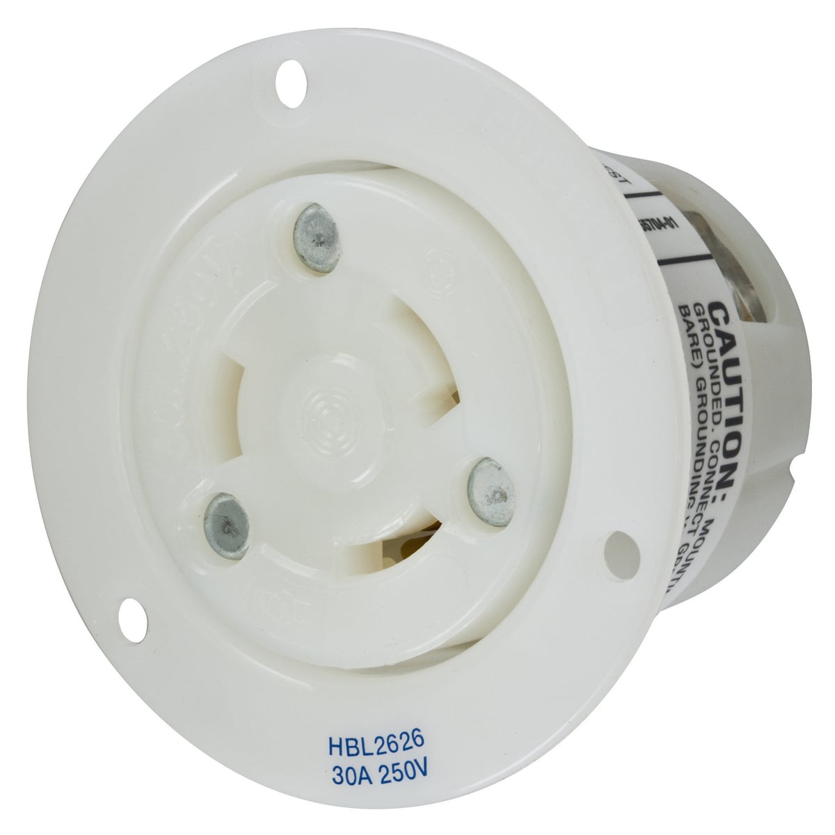 HBL2626 1-Phase Flanged Grounding Single Screw Mount Locking Receptacle, 250 V AC, 30 A, 2 Poles, 3 Wires, White