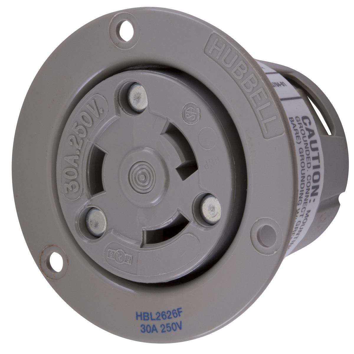 HBL2626F 1-Phase Grounding Heavy Duty Single Standard Screw Mount Locking Flanged Receptacle, 250 V AC, 30 A, 2 Poles, 3 Wires, Gray