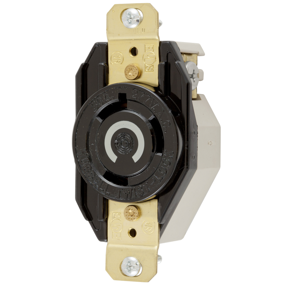 HBL2630 1-Phase Flush Mount Grounding Heavy Duty Single Screw Mount Locking Receptacle, 277 V AC, 30 A, 2 Poles, 3 Wires, Black