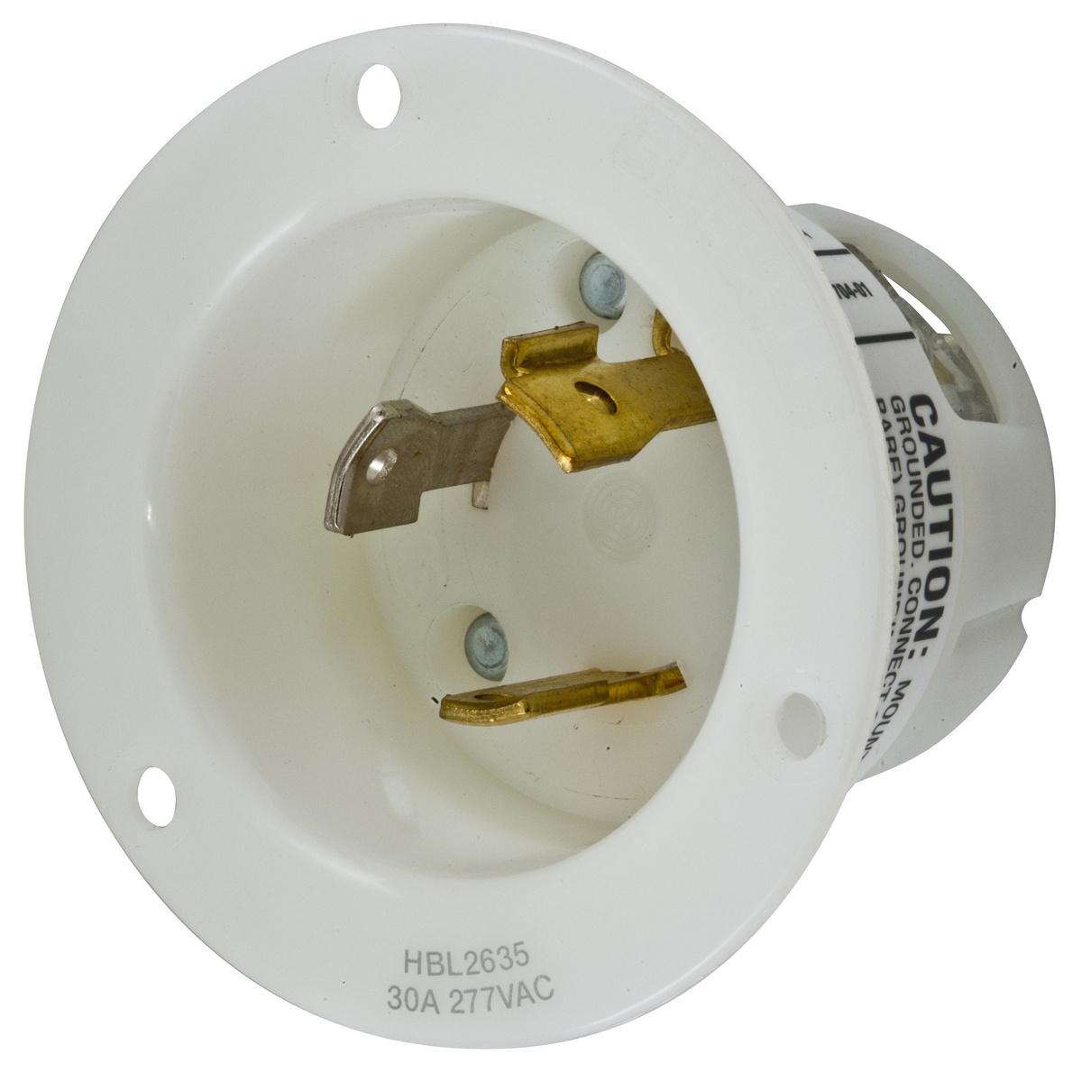 HBL2635 Standard Flanged Inlet, 277 V AC, 30 A, 2 Poles, 3 Wires, White