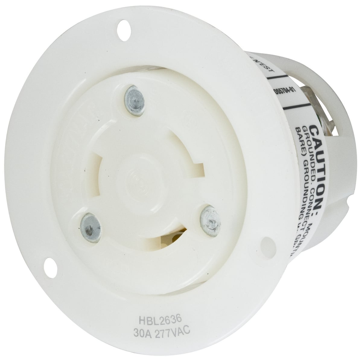 HBL2636 1-Phase Flanged Grounding Single Standard Screw Mount Locking Receptacle, 277 V AC, 30 A, 2 Poles, 3 Wires, White