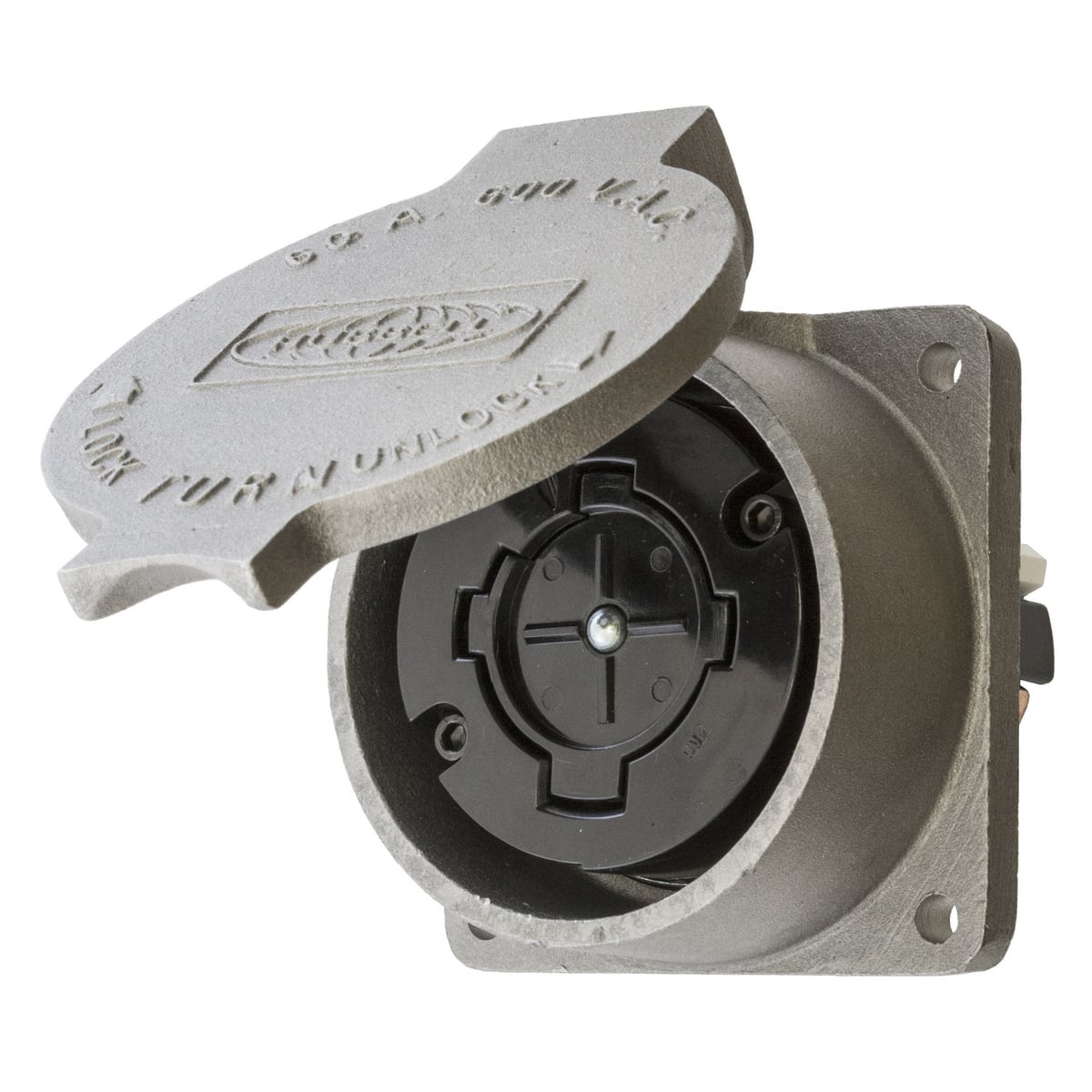 HBL26410 Grounding Heavy Duty Multi-Phase Non-NEMA Single Standard Screw Mount Locking Receptacle, 600 V AC, 60 A, 3 Poles, 4 Wires, Aluminum
