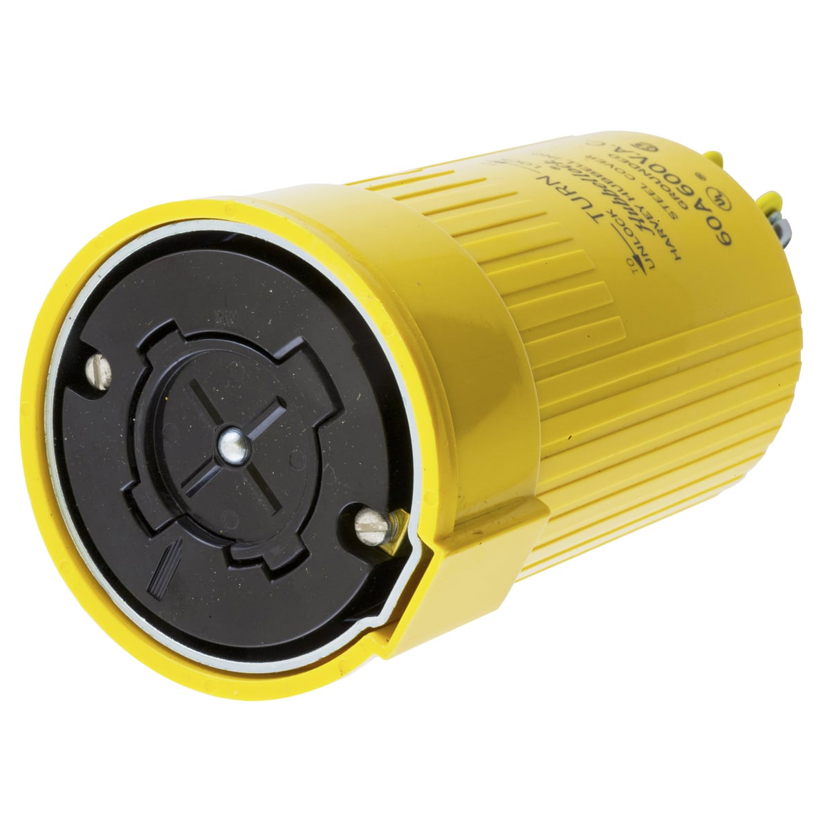 HBL26418 Heavy Duty Isolated Grounding Standard Sized Cord Mount Female Connector, 600 V AC, 60 A, 3 Poles, 4 Wires, Yellow