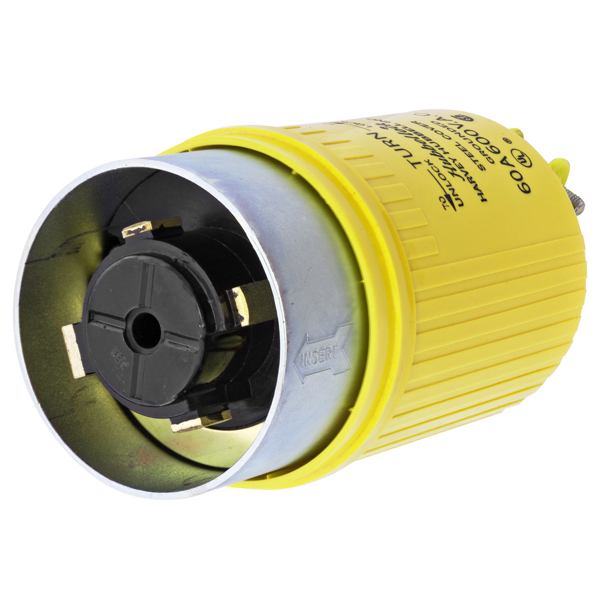 HBL26419 HBL 3-Phase Heavy Duty Grounding Cord Mount Locking Plug, 600 V AC, 60 A, 3 Poles, 4 Wires, Yellow