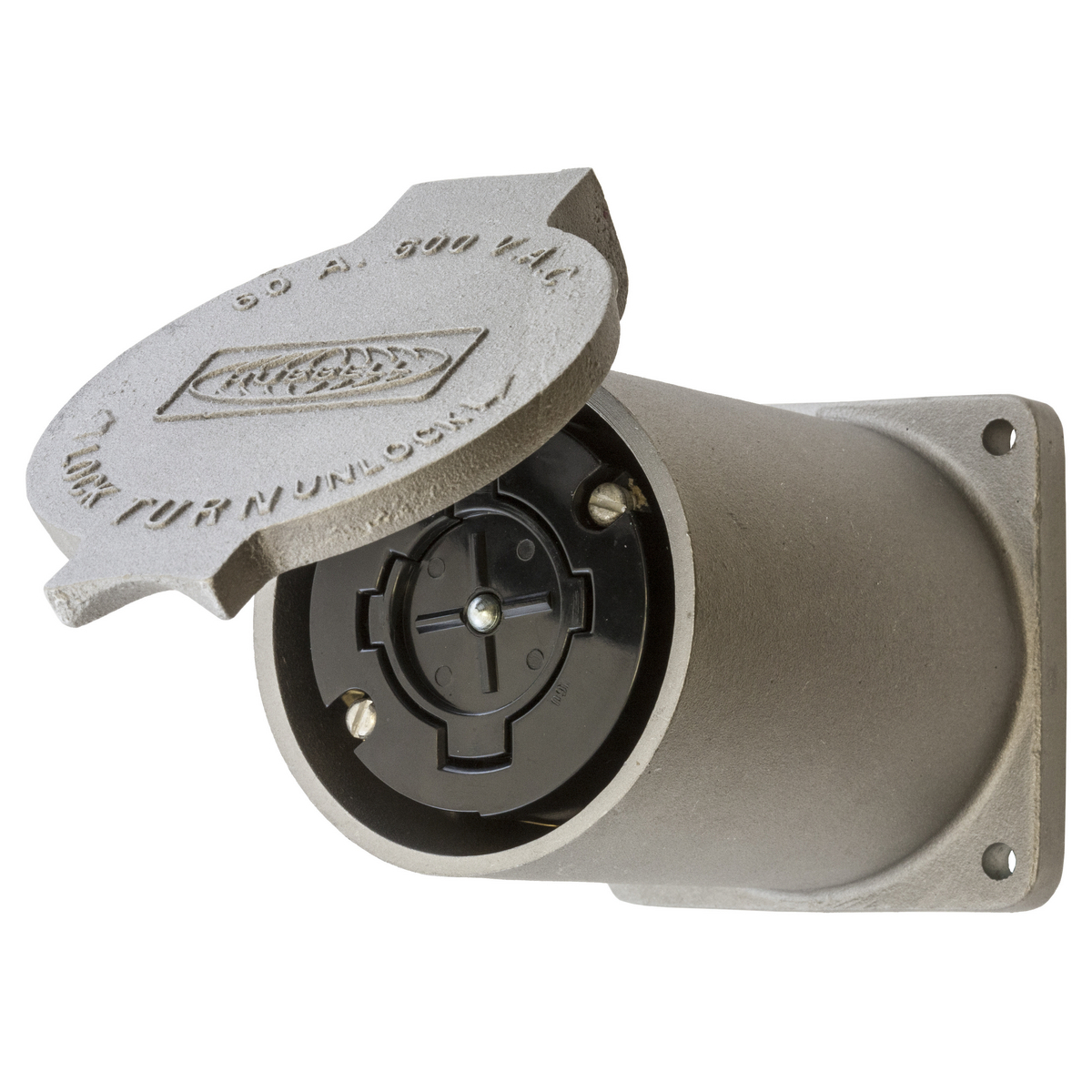 HBL26420 Grounding Heavy Duty Multi-Phase Non-NEMA Standard Single Screw Mount Locking Receptacle, 60 A, 3 Poles, 4 Wires, Aluminum