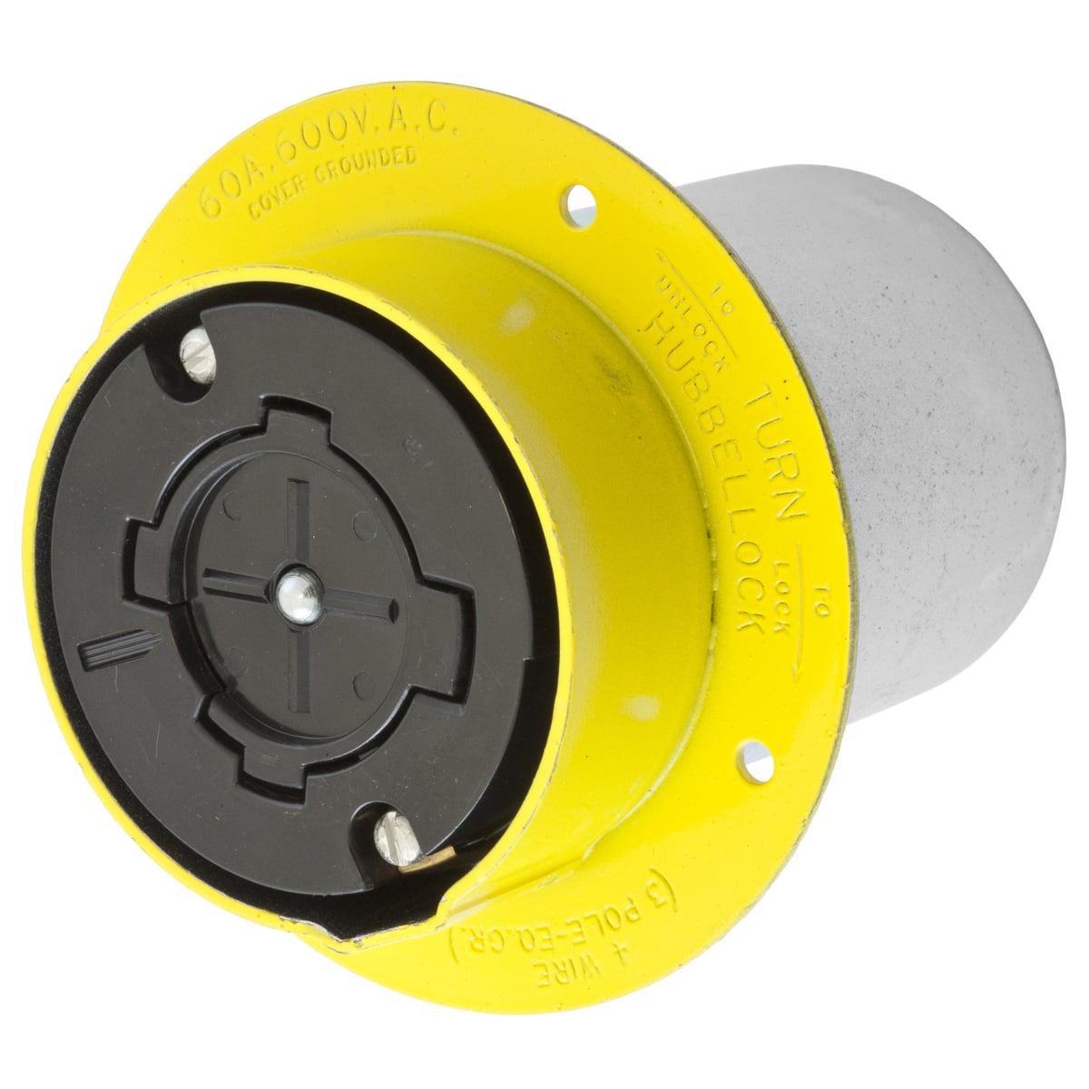 HBL26421 Flanged Grounding Heavy Duty Multi-Phase Non-NEMA Standard Single Screw Mount Locking Receptacle, 600 V AC, 60 A, 3 Poles, 4 Wires, Yellow