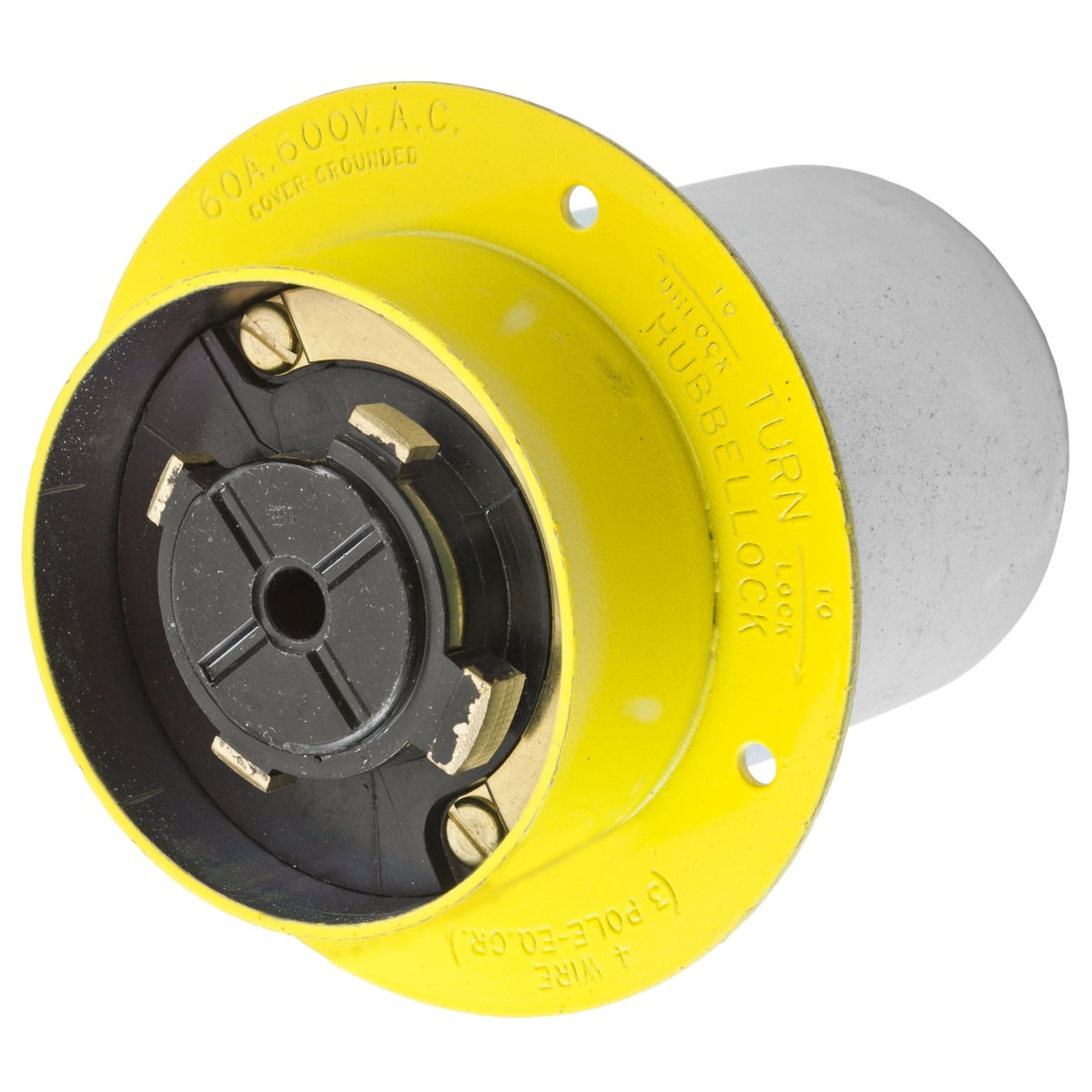 HBL26422 Flanged Inlet, 600 V AC, 60 A, 3 Poles, 4 Wires, Yellow