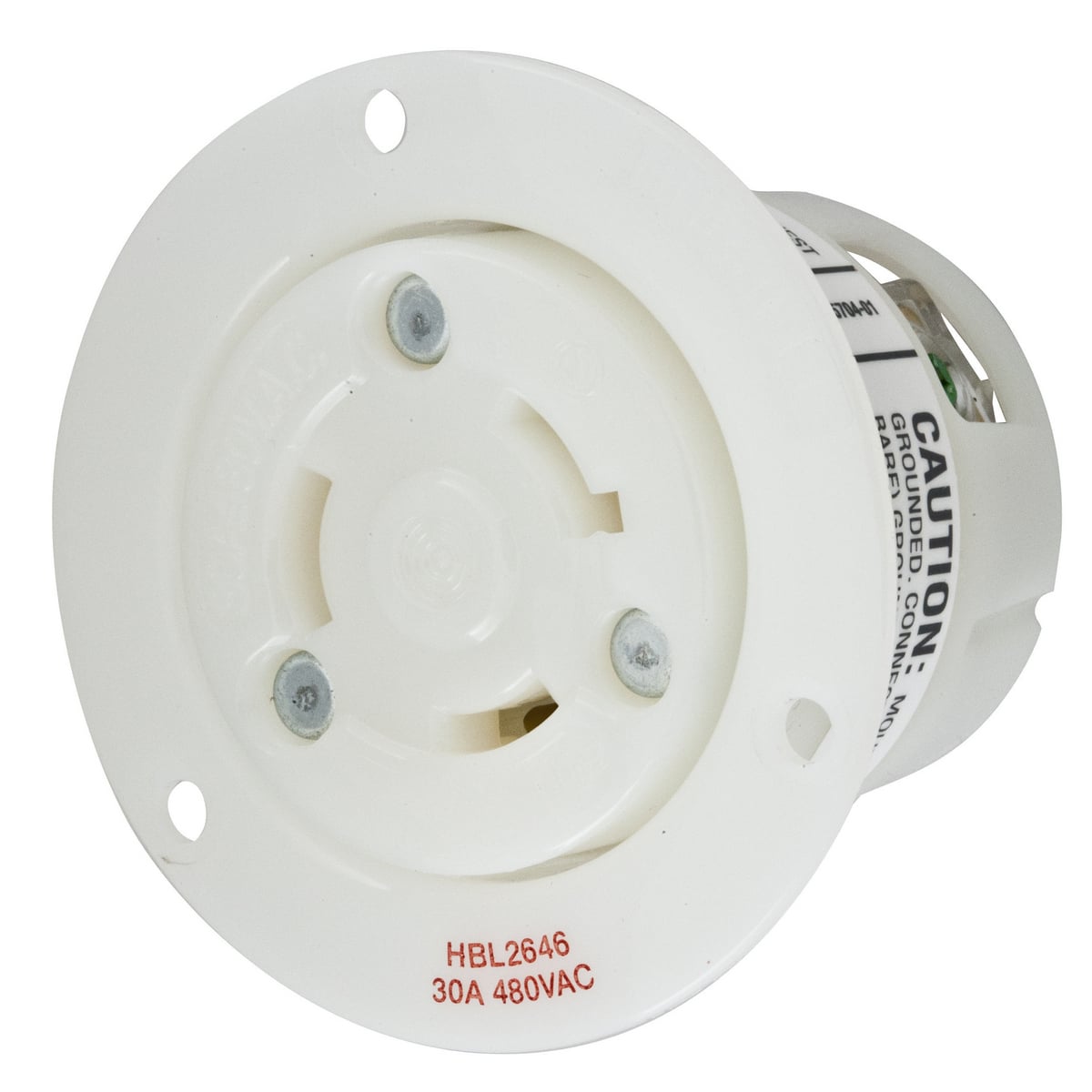 HBL2646 1-Phase Flanged Standard Single Screw Mount Locking Receptacle, 480 V AC, 30 A, 2 Poles, 3 Wires, White