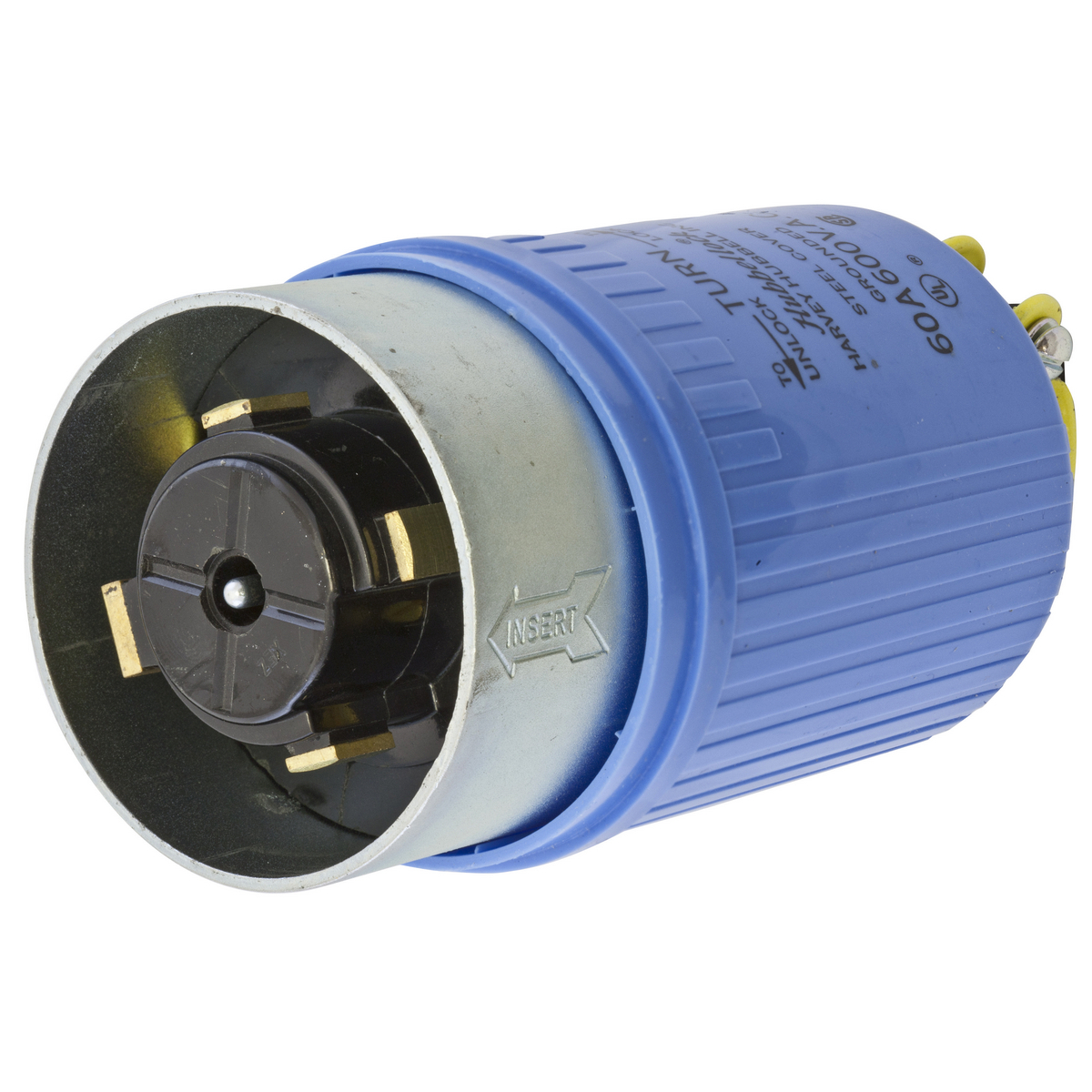 HBL26519 3-Phase Shrouded Cord Mount Locking Plug, 600 V AC, 60 A, 4 Poles, 5 Wires, Blue