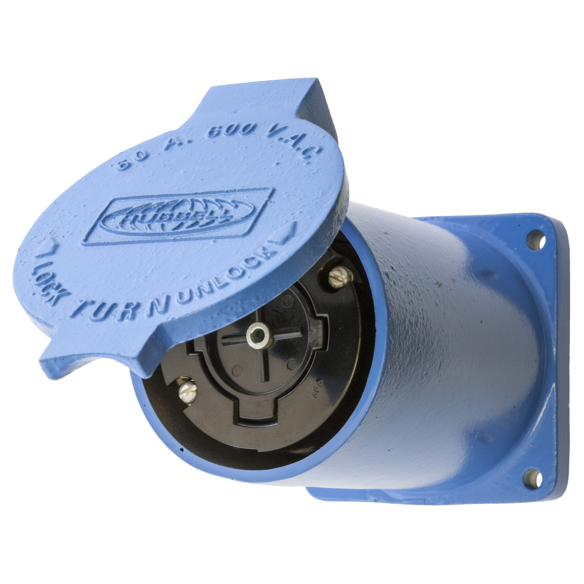 HBL26520 Grounding Heavy Duty Multi-Phase Non-NEMA Single Standard Screw Mount Locking Receptacle, 600 V AC, 60 A, 4 Poles, 5 Wires, Blue