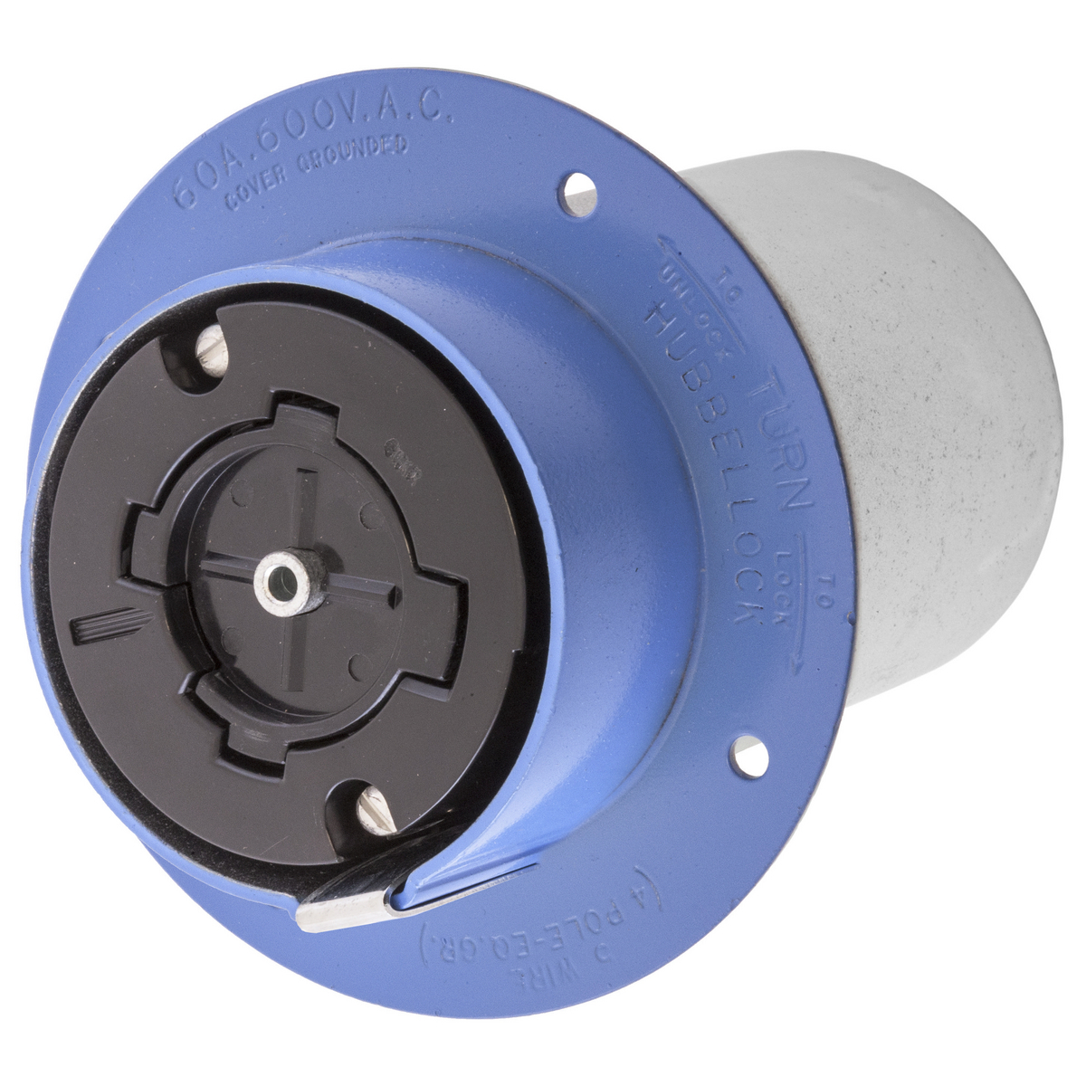 HBL26521 Flanged Grounding Heavy Duty Multi-Phase Non-NEMA Single Standard Screw Mount Locking Receptacle, 600 V AC, 60 A, 4 Poles, 5 Wires, Blue