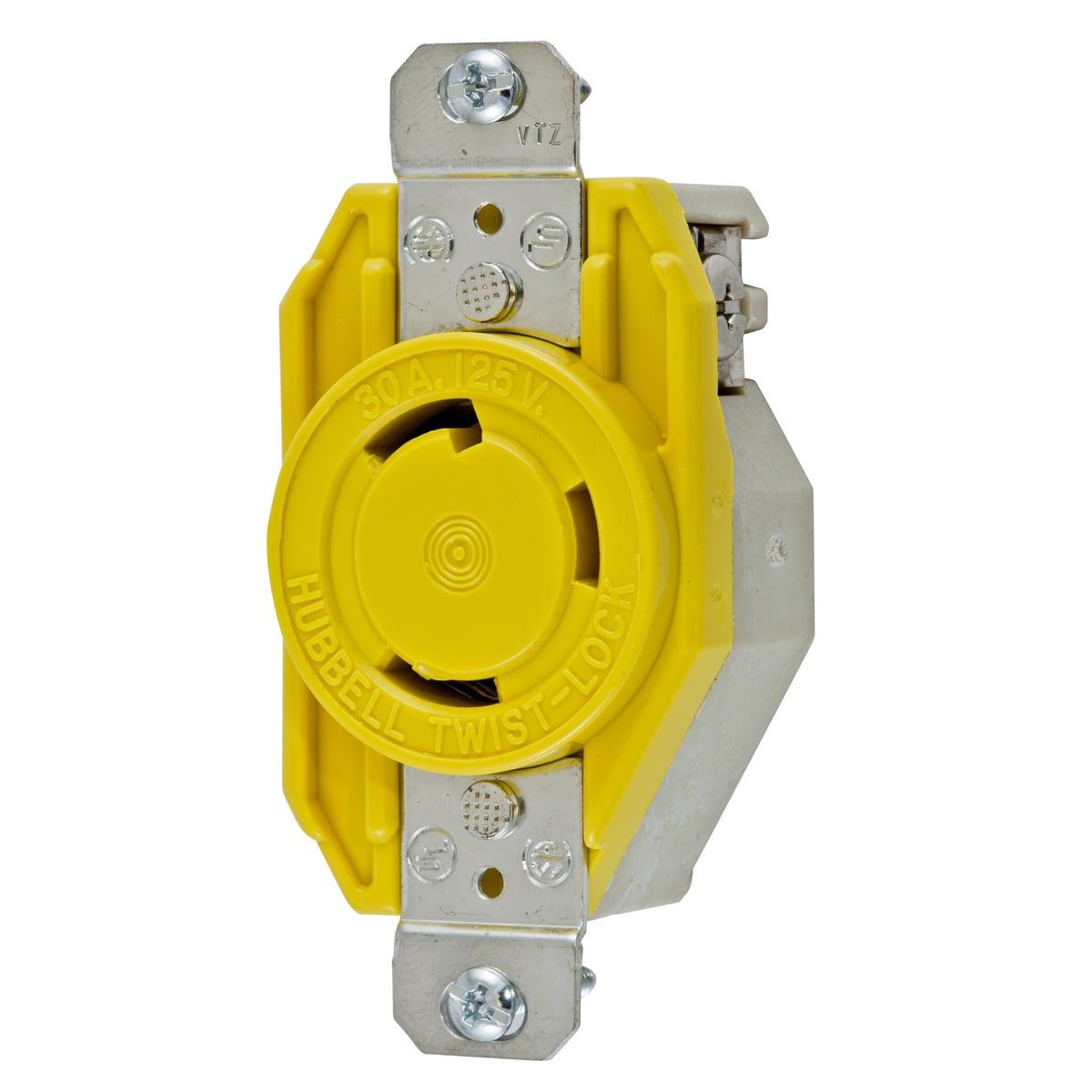 HBL26CM10 1-Phase Corrosion Resistant Grounding Single Standard Screw Mount Locking Receptacle, 125 V AC, 30 A, 2 Poles, 3 Wires, Yellow