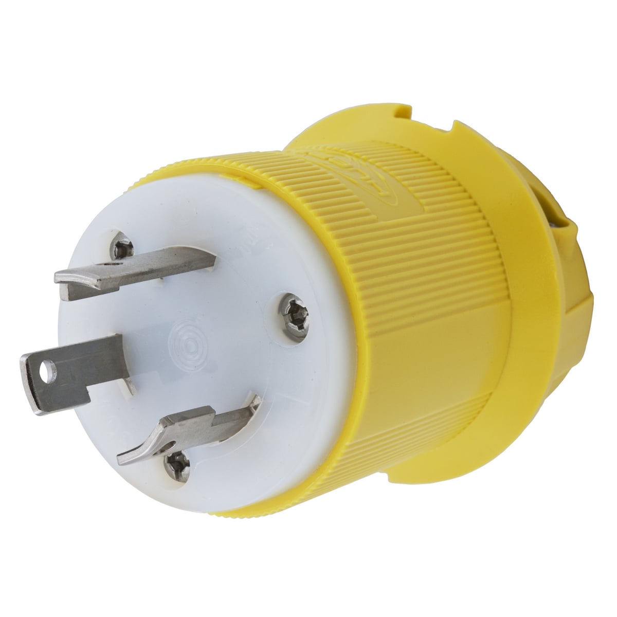 HBL26CM11 1-Phase Corrosion Resistant Grounding Male Standard Cord Mount Locking Plug, 125 V AC, 30 A, 2 Poles, 3 Wires, Yellow